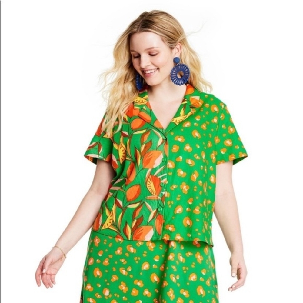 Tabitha Brown Vibrant Green and Orange Patterned Shirt and Shorts Set - Picture 5 of 8